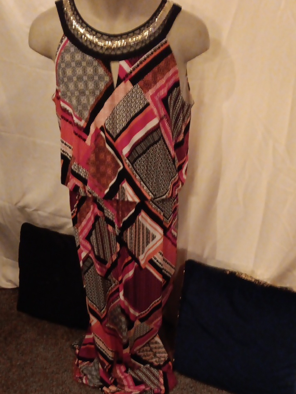 Studio One Pink Multi-Pattern Maxi Dress with Embellished Neckline
